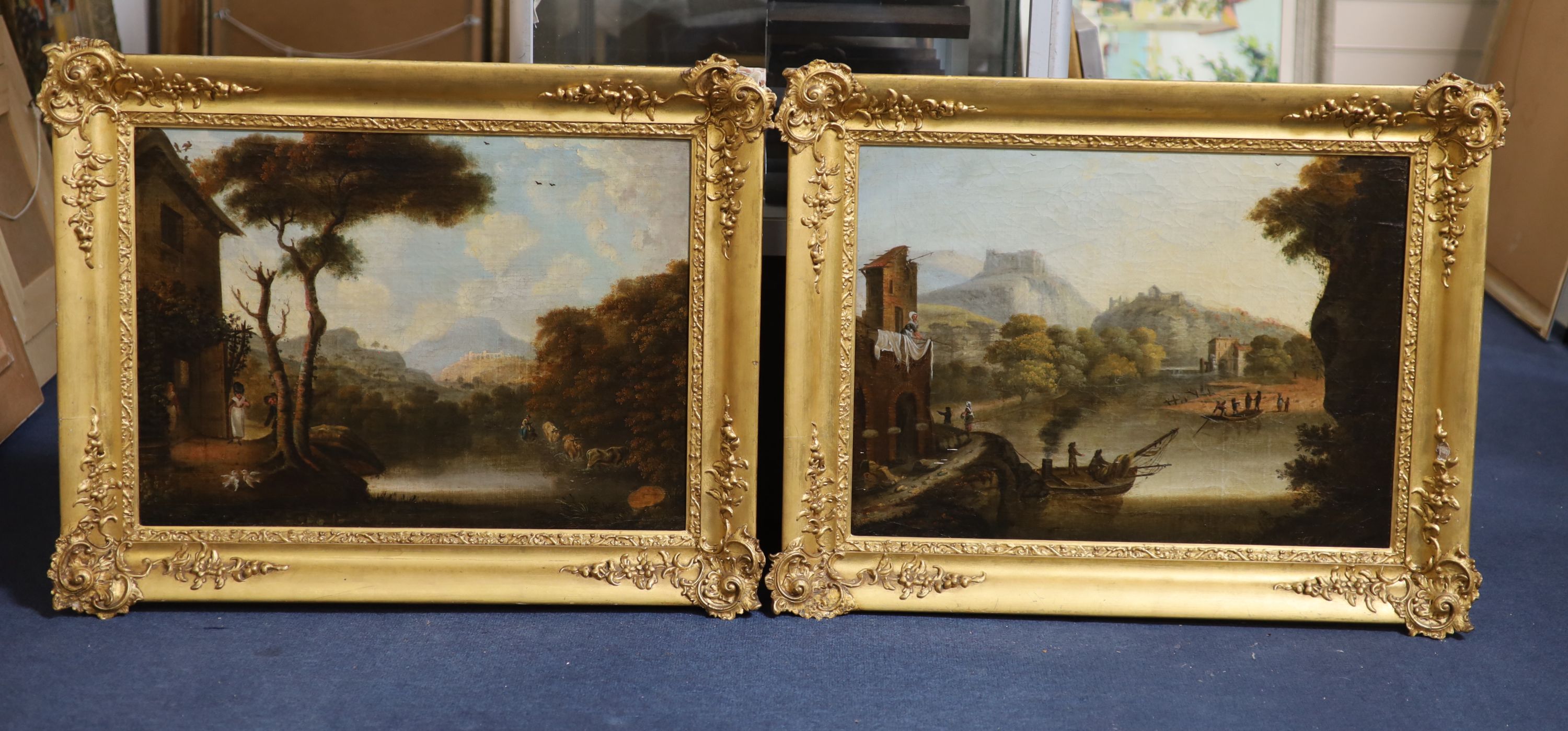 English School (18th century), oil on canvas, Classical river landscape and companion piece, a pair